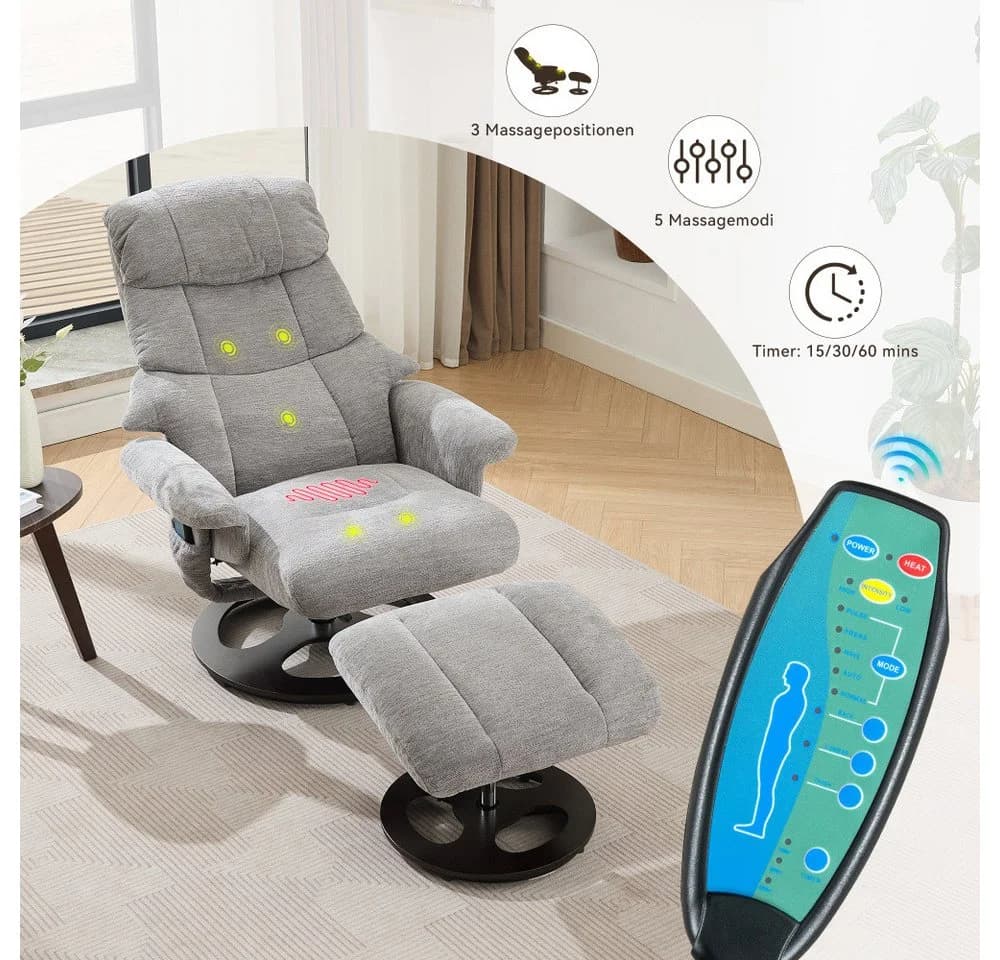 BBWL Massagesessel Grau mit Liegefunktion, Massage, Wärmefunktion & Hocker - Bild 5