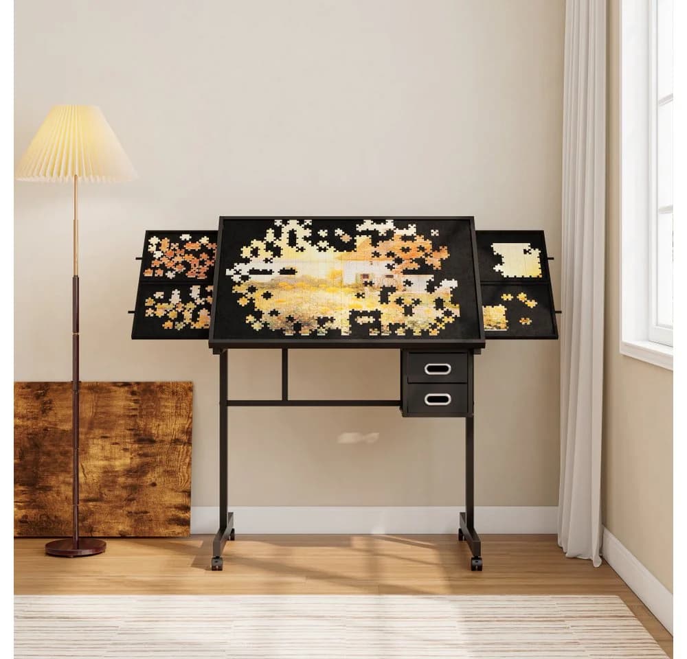 BBWL Puzzle Tisch Schwarz mit Schubladen und Rollen MDF Metall - Bild 5