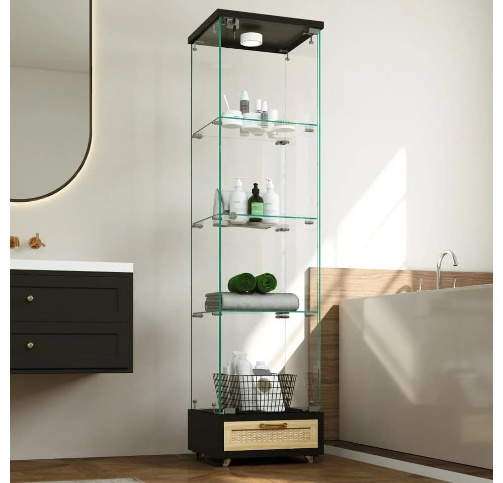 BBWL Glasvitrine mit LED, Schubladen & Rollen, 167 cm, Weiß/Schwarz - Bild 3