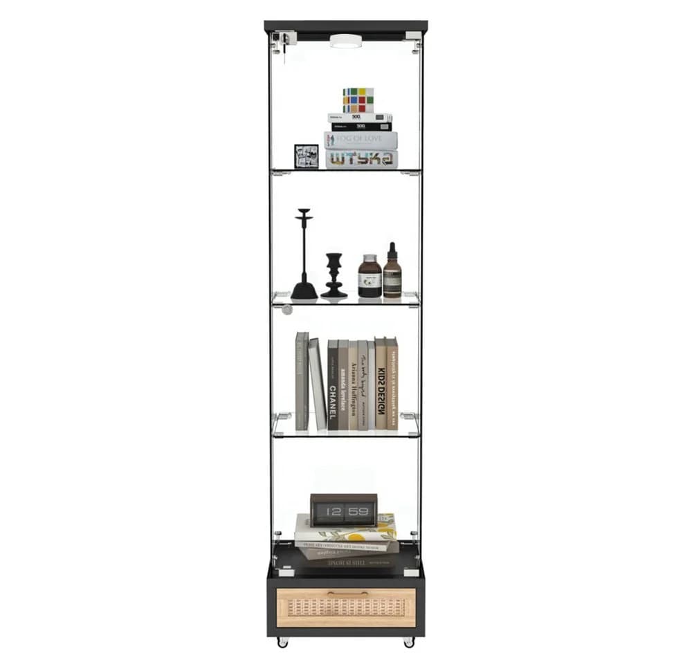 BBWL Glasvitrine mit LED, Schubladen & Rollen, 167 cm, Weiß/Schwarz - Bild 4