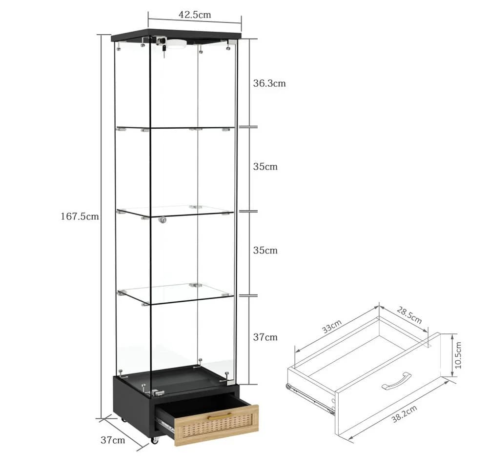 BBWL Glasvitrine mit LED, Schubladen & Rollen, 167 cm, Weiß/Schwarz - Bild 5