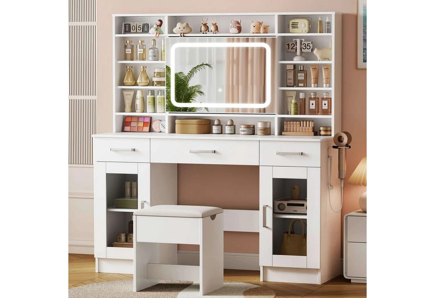 BBG Schminktisch mit LED-Spiegel, Hocker, Steckdosen und USB, Weiß