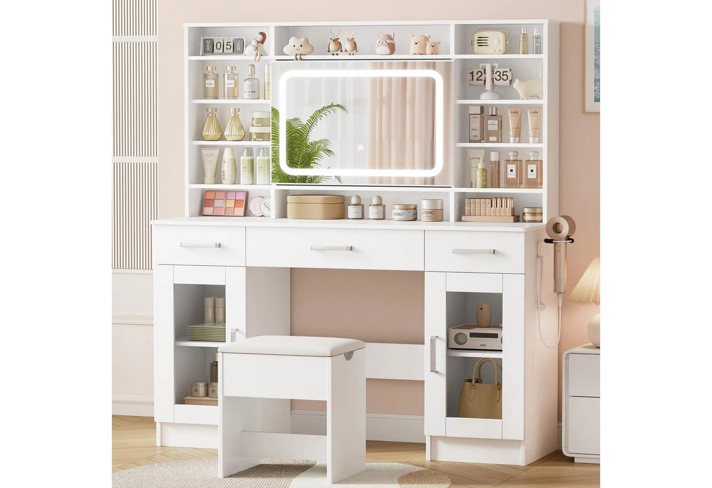 BBG Schminktisch mit LED-Spiegel, Hocker, Steckdosen und USB, Weiß - Bild 2