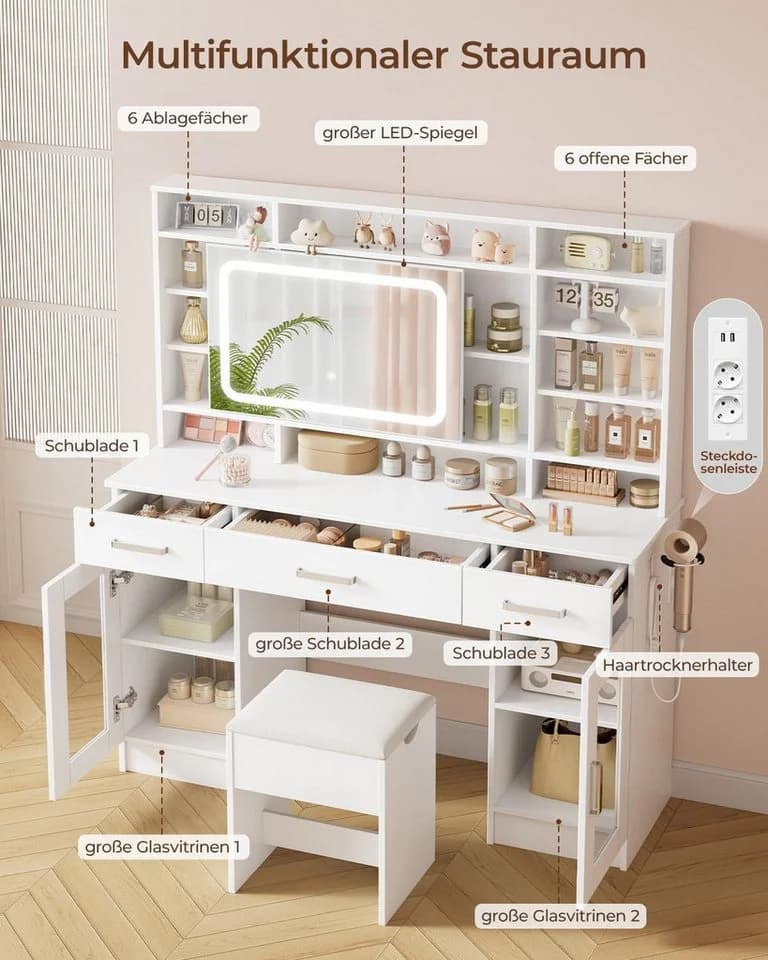 BBG Schminktisch mit LED-Spiegel, Hocker, Steckdosen und USB, Weiß - Bild 3