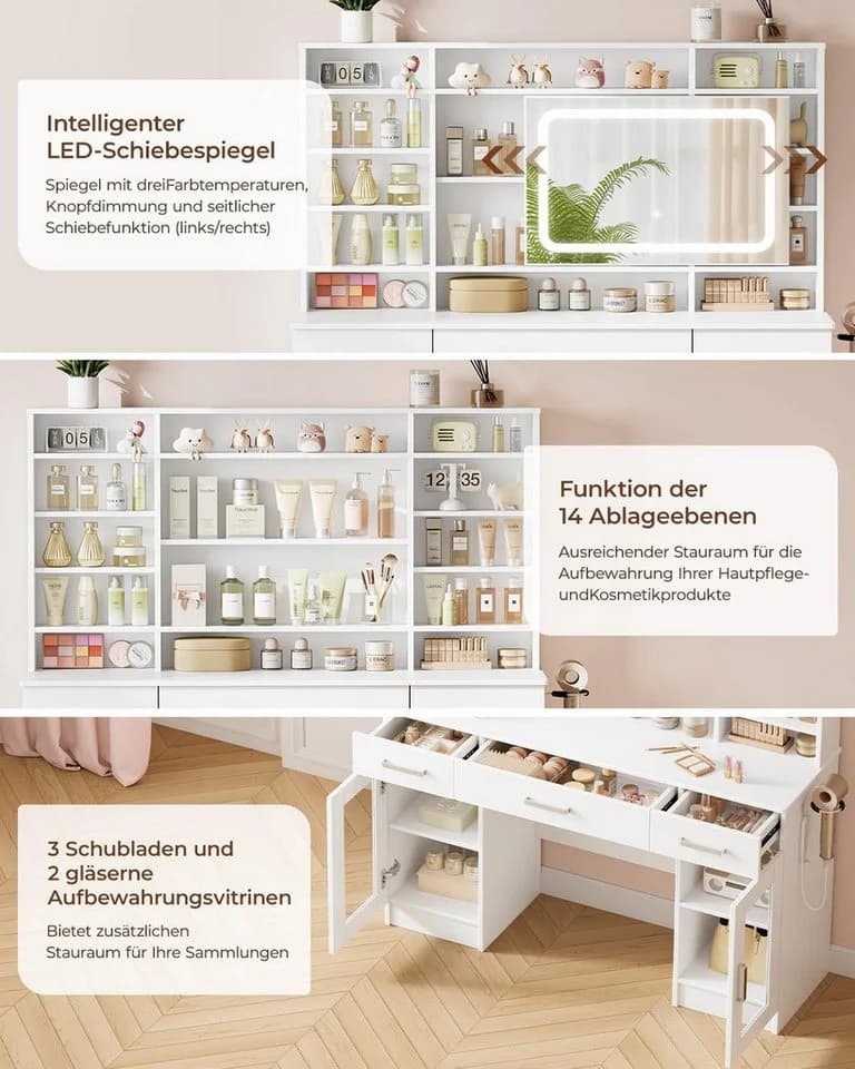 BBG Schminktisch mit LED-Spiegel, Hocker, Steckdosen und USB, Weiß - Bild 4