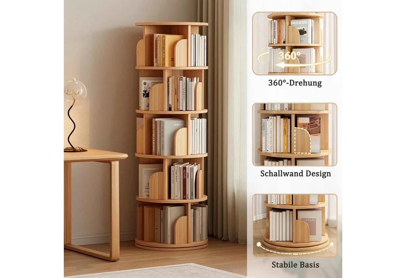 BBG Drehbares Bücherregal 5 Ebenen 360° Drehfunktion MDF Braun
