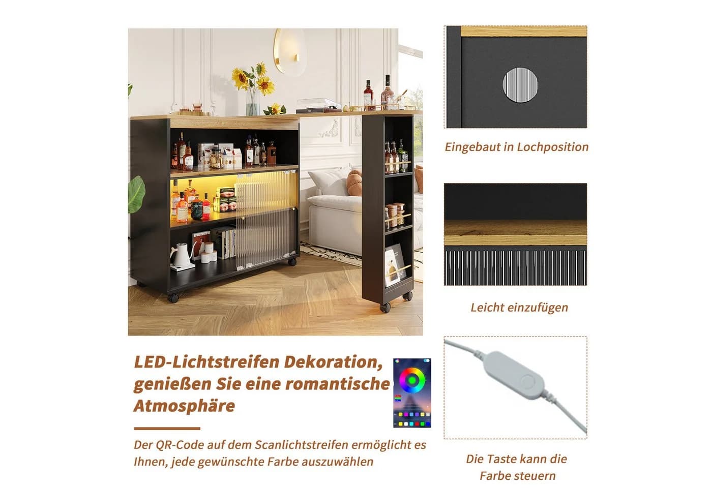 MODFU Ausziehbarer Bartisch mit LED und Stauraum Schwarz - Bild 5