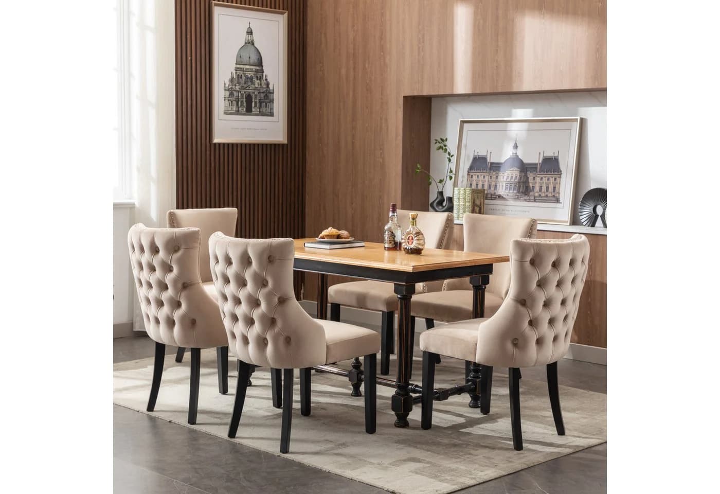 OKWISH Samt Esszimmerstuhl 6er Set Beige Massivholz - Bild 3