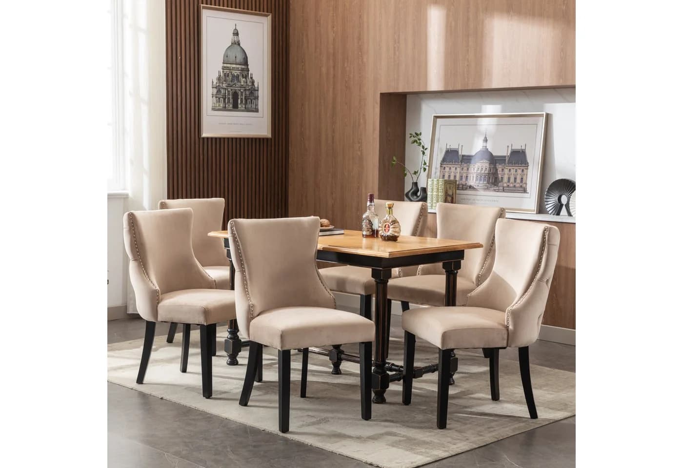 OKWISH Samt Esszimmerstuhl 6er Set Beige Massivholz - Bild 4