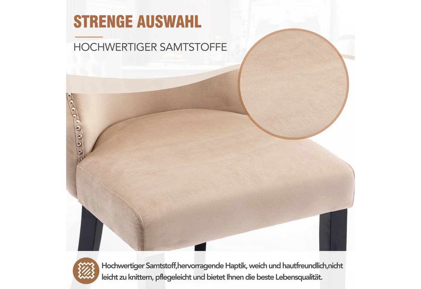 OKWISH Samt Esszimmerstuhl 6er Set Beige Massivholz - Bild 5