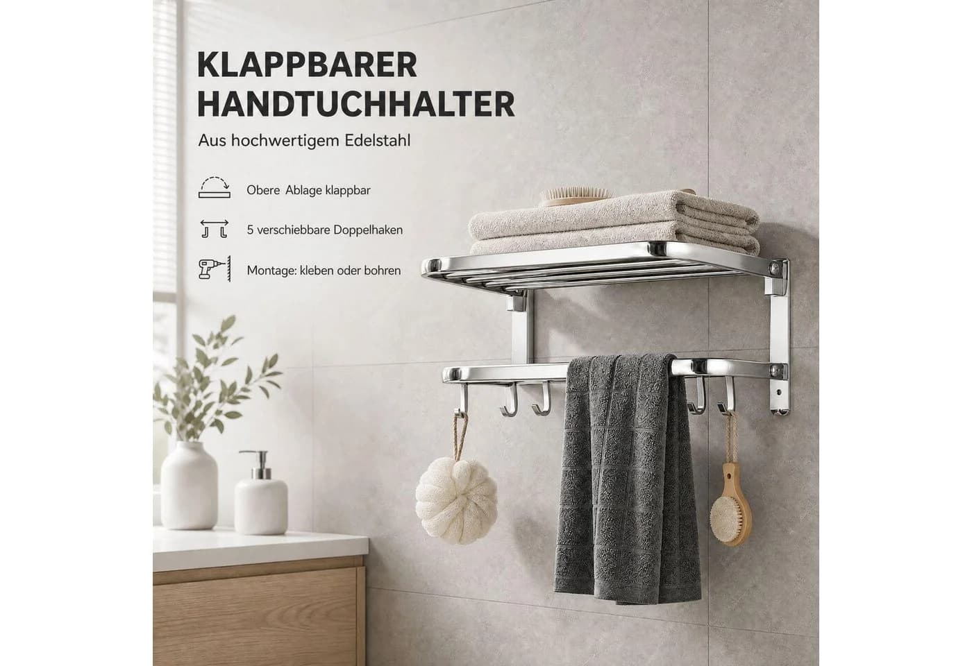 BBG Handtuchhalter 58 cm Edelstahl 2-stufig klappbar mit Haken - Bild 3