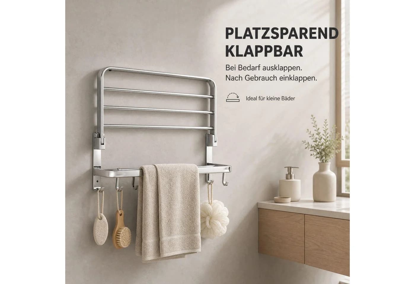 BBG Handtuchhalter 58 cm Edelstahl 2-stufig klappbar mit Haken - Bild 4