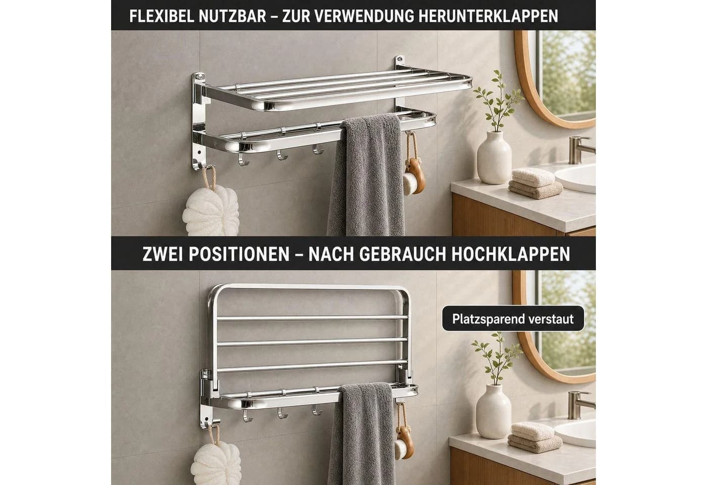 BBG Handtuchhalter 58 cm Edelstahl 2-stufig klappbar mit Haken - Bild 5
