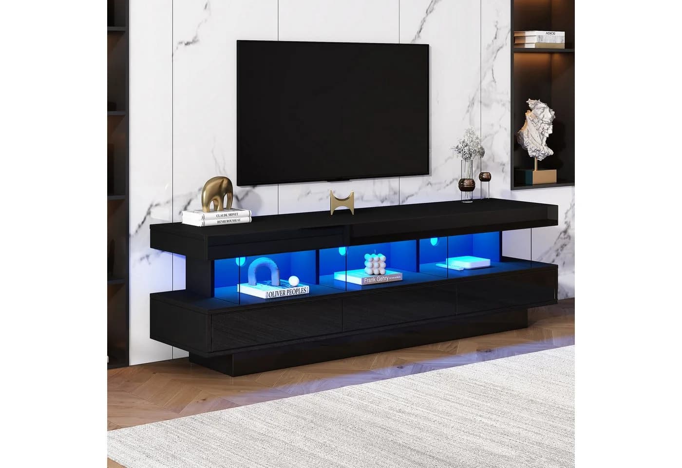 OKWISH TV-Schrank Schwarz Hochglanz mit LED