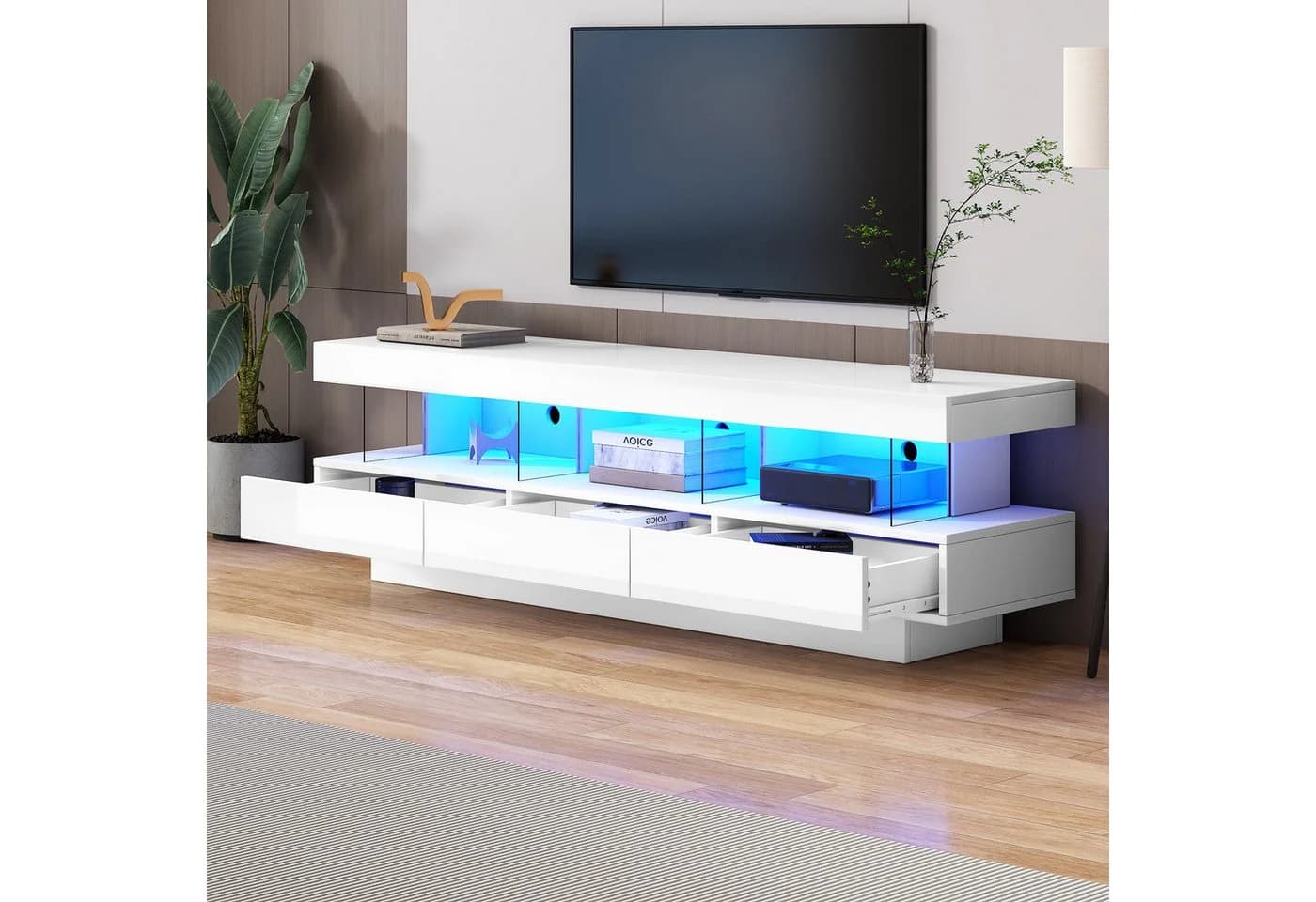 OKWISH TV-Schrank Weiß Hochglanz mit LED-Beleuchtung - Bild 3