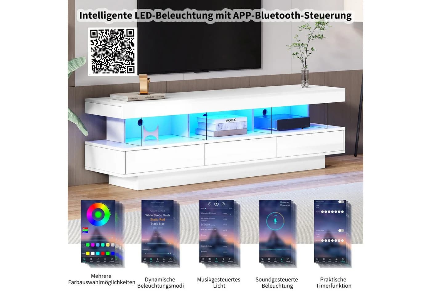 OKWISH TV-Schrank Weiß Hochglanz mit LED-Beleuchtung - Bild 5