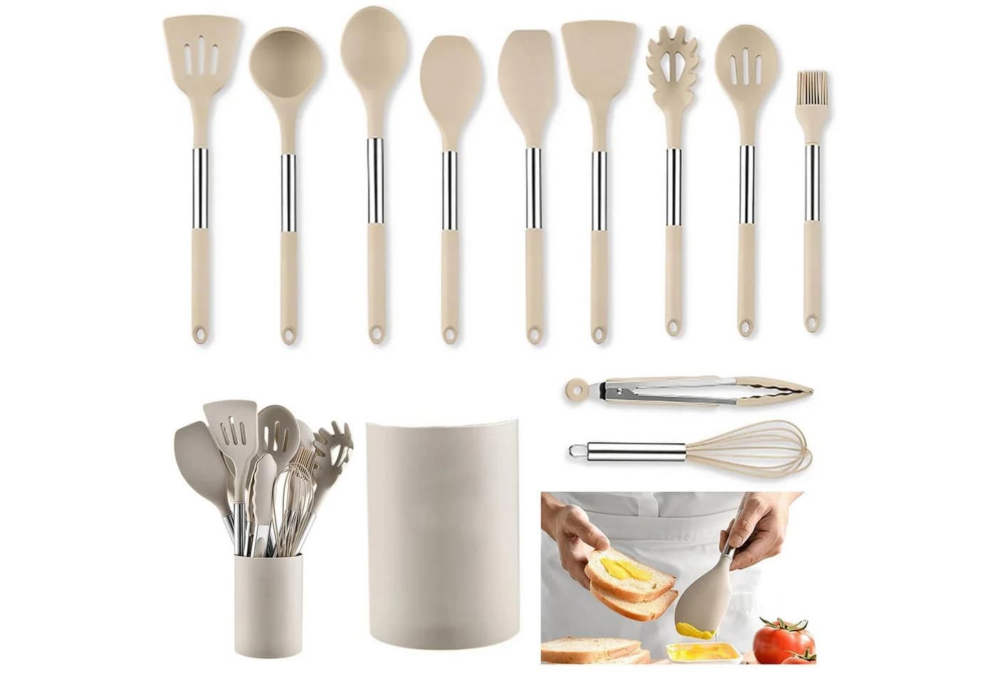 OKWISH Kochbesteck-Set 12-tlg. Silikon Edelstahl Beige