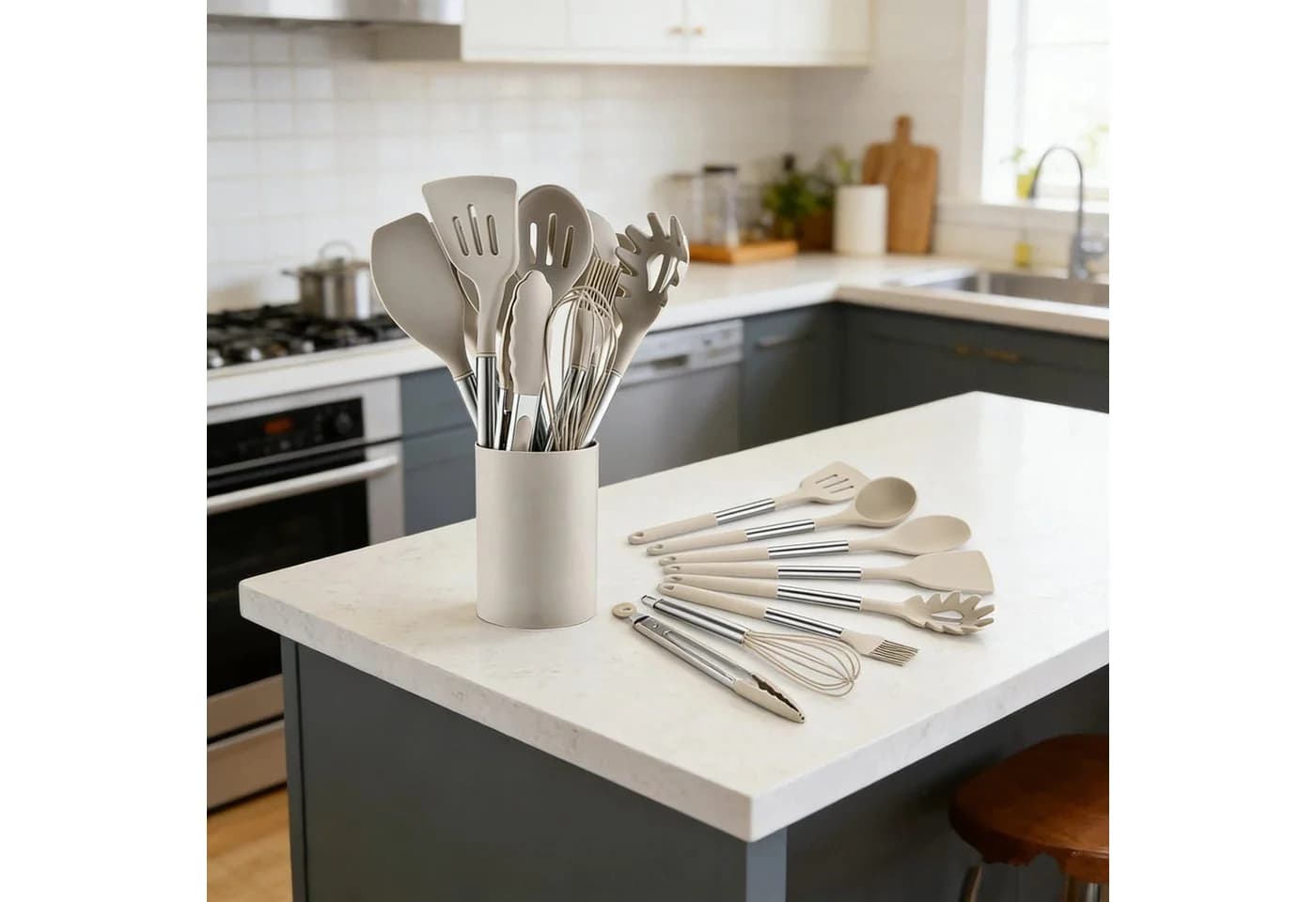OKWISH Kochbesteck-Set 12-tlg. Silikon Edelstahl Beige - Bild 2