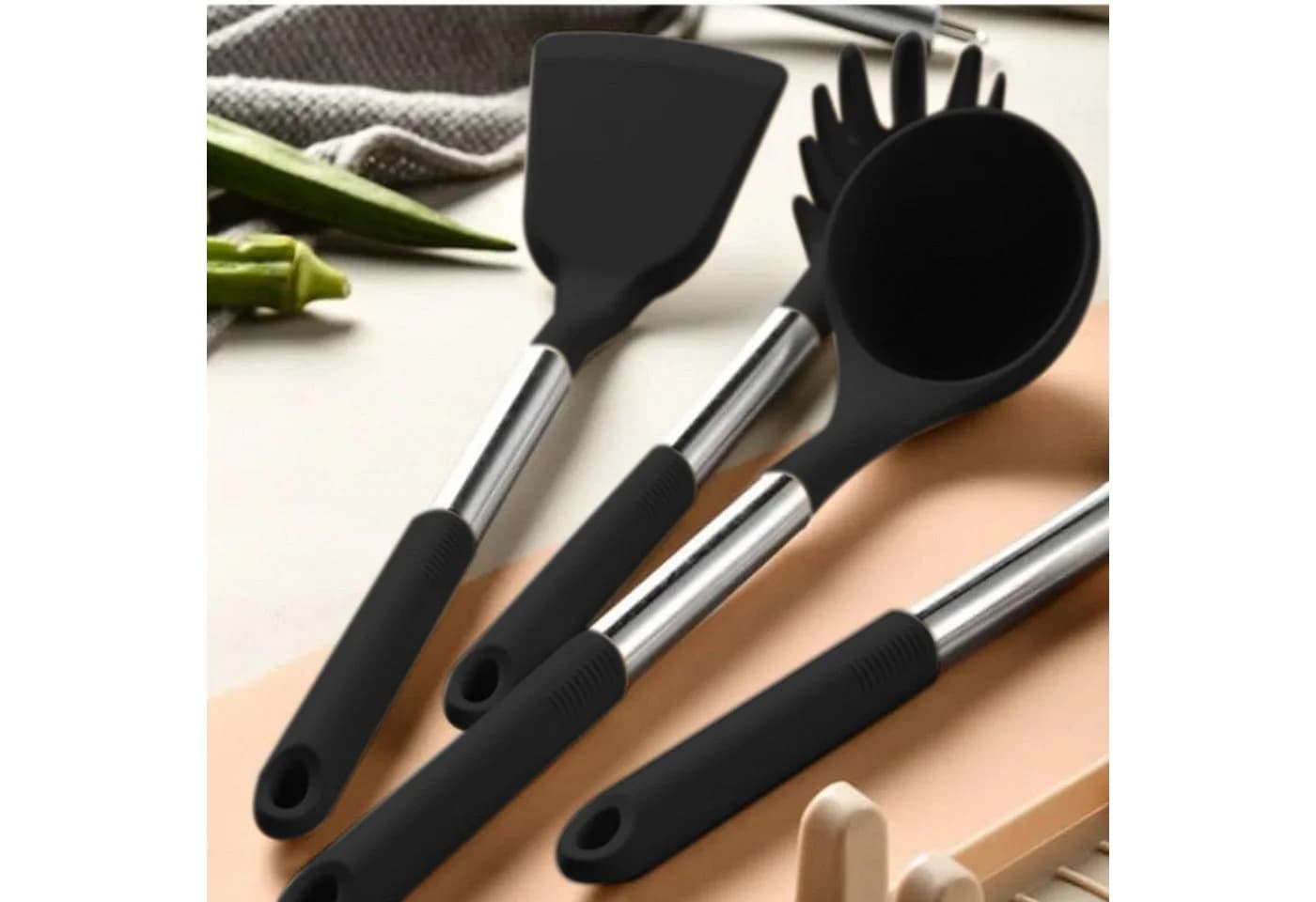 OKWISH Kochbesteck-Set 12-tlg. Silikon & Edelstahl Schwarz - Bild 5