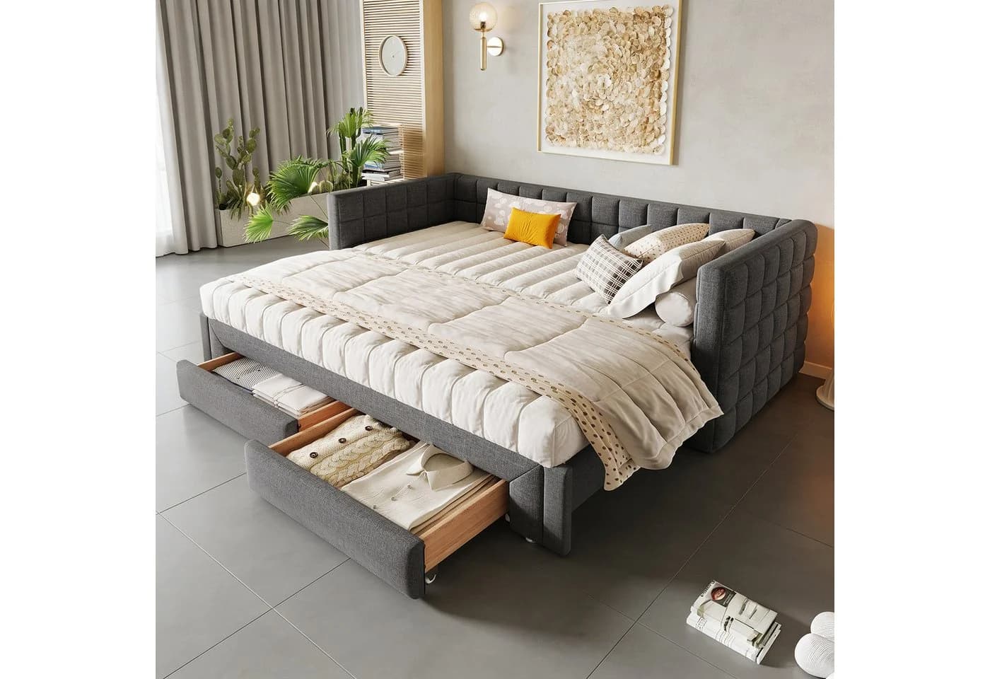 OKWISH Daybett Samt Beige/Grau mit Schubladen und Lattenrost - Bild 2