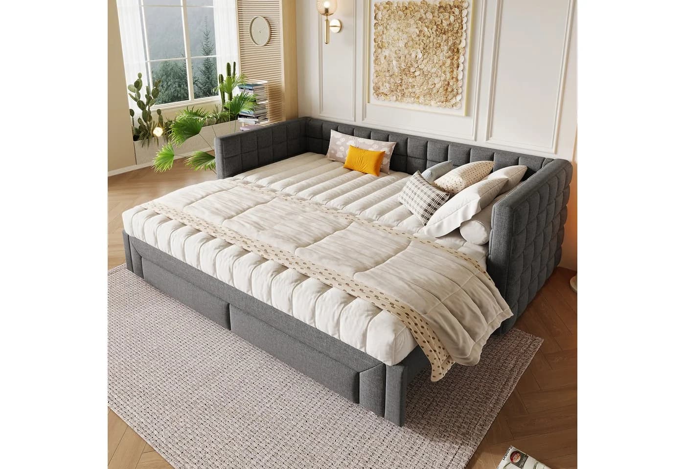 OKWISH Daybett Samt Beige/Grau mit Schubladen und Lattenrost - Bild 3