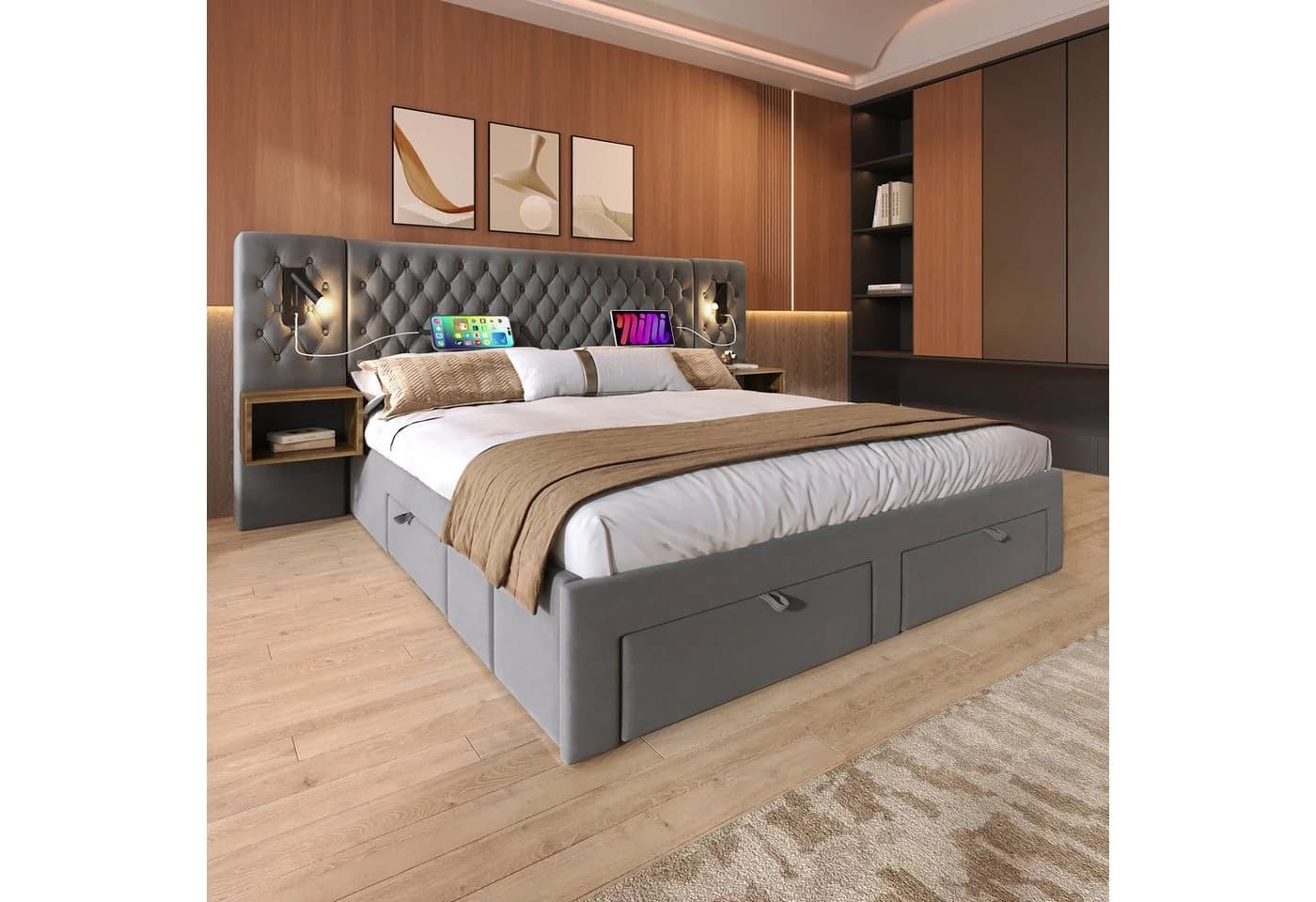 OKWISH Polsterbett 180x200 cm mit Leselicht und USB - Bild 4
