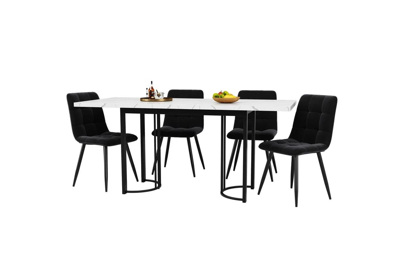OKWISH Esstisch Essgruppe 5-tlg. Ausziehbar Weiß/Schwarz Samt