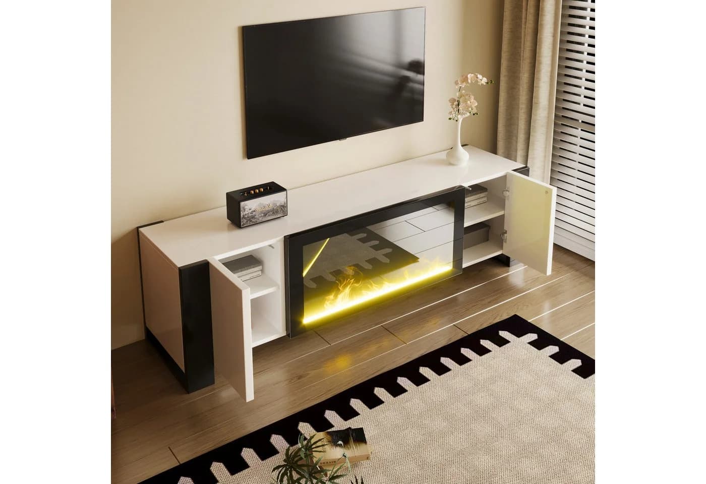 OKWISH Lowboard TV-Schrank mit Dekorativem Elektrokamin Hochglanz
