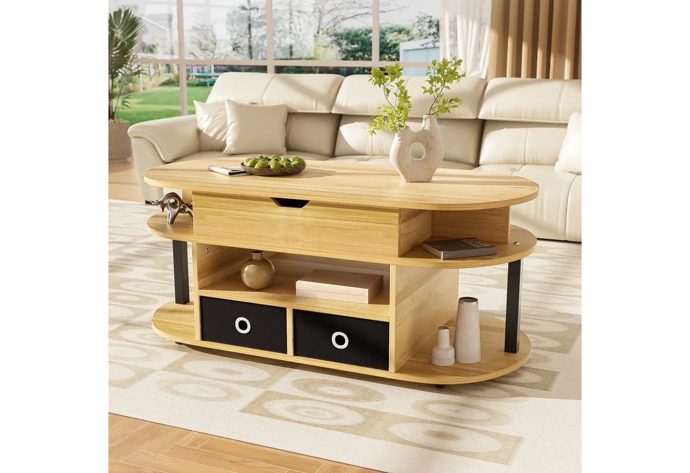 MODFU Couchtisch mit Hebefunktion und Stauraum Braun/Schwarz