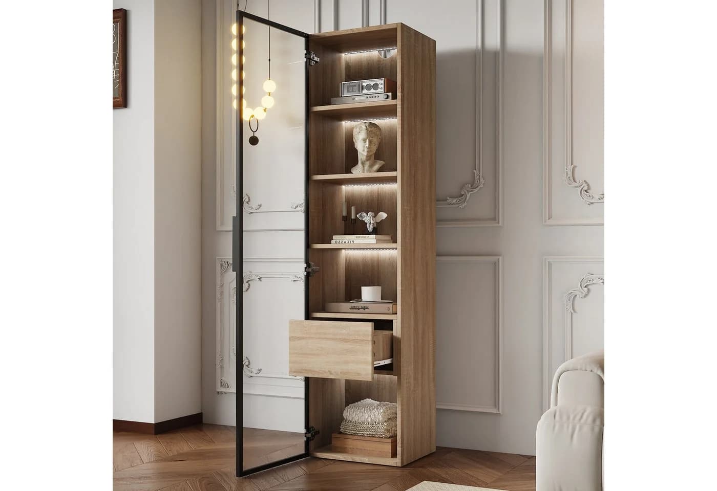 OKWISH Vitrine Badezimmerschrank mit LED-Lichtleiste und Glastür - Bild 4