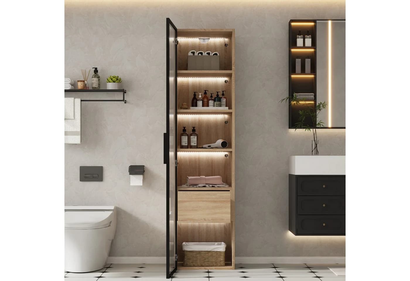 OKWISH Vitrine Badezimmerschrank mit LED-Lichtleiste und Glastür - Bild 5