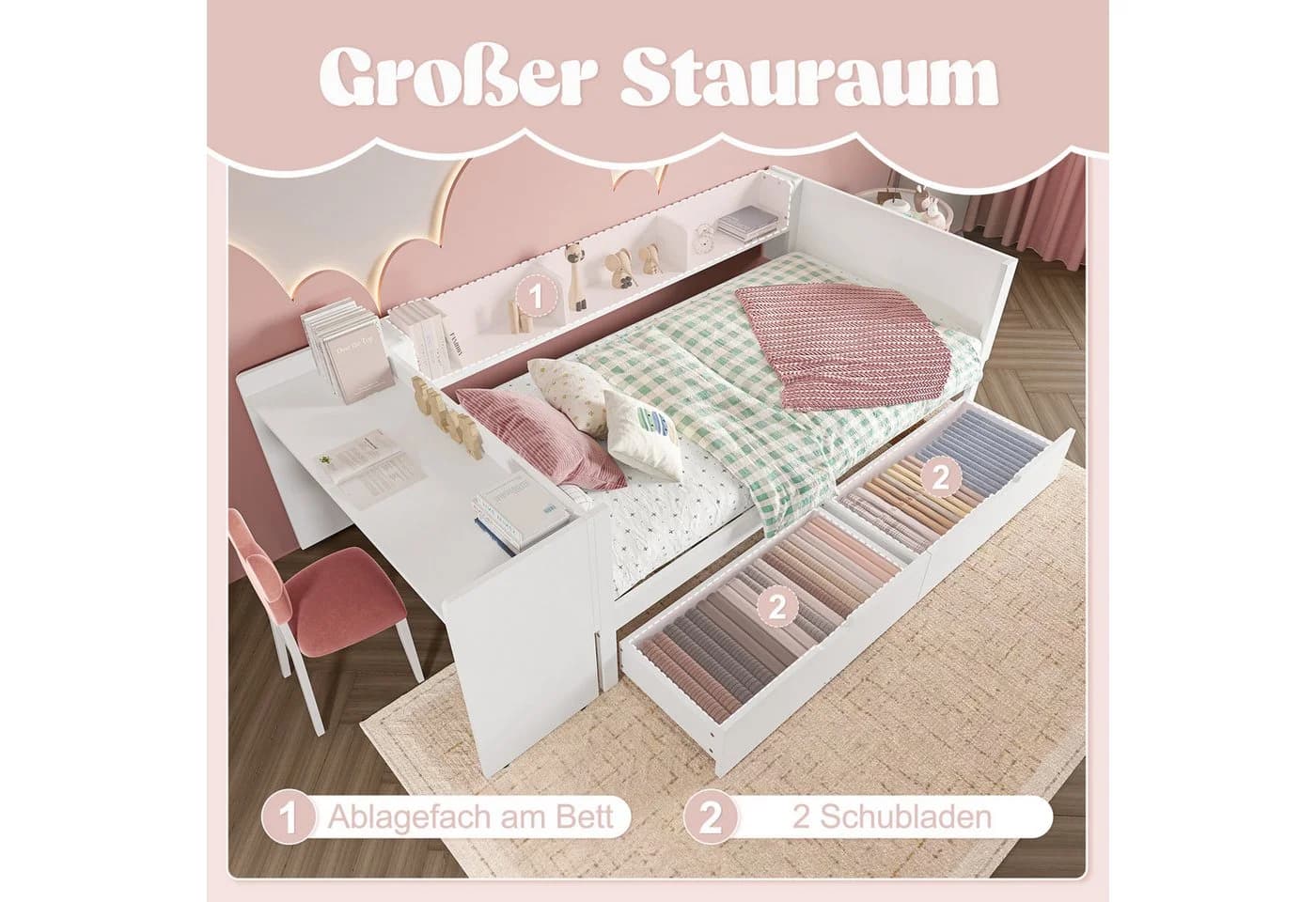 OKWISH Kinderbett mit Schreibtisch und Stauraum Weiß
