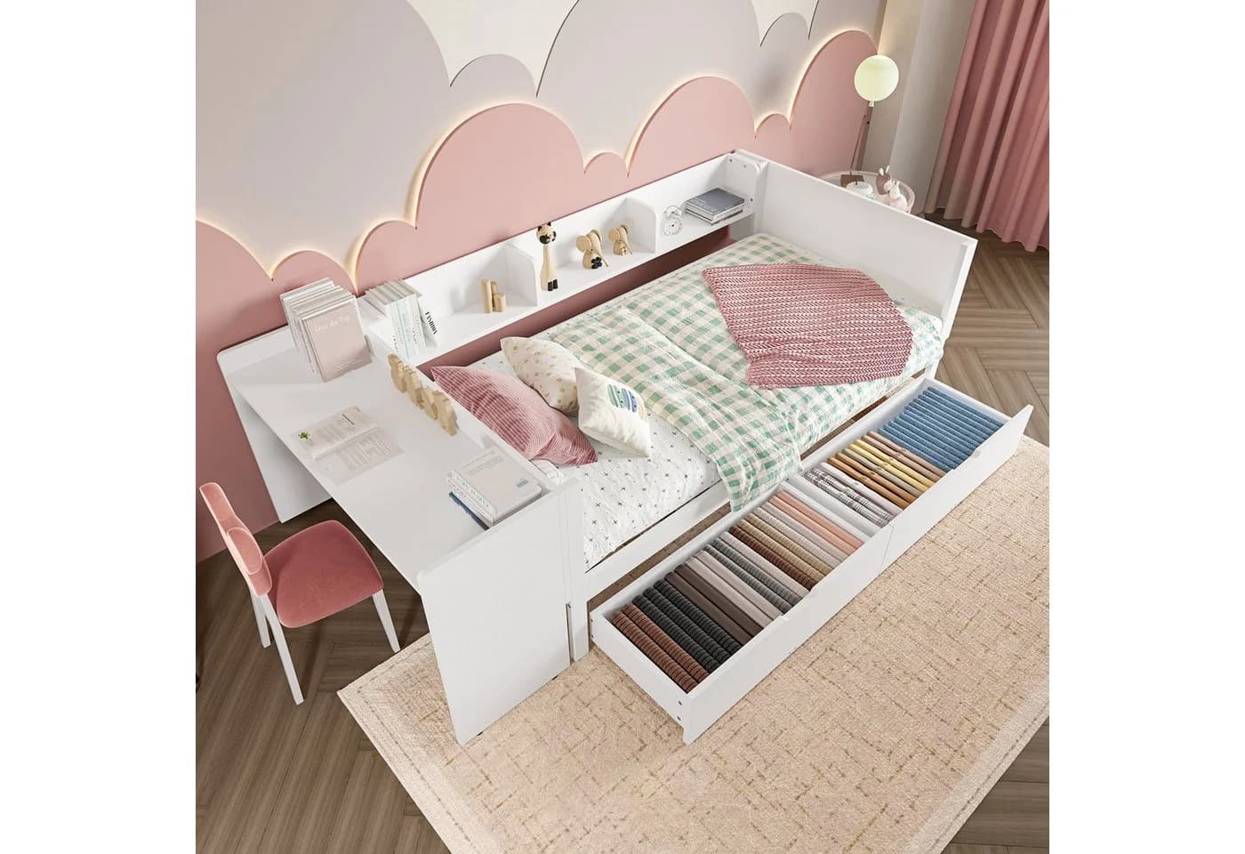 OKWISH Kinderbett mit Schreibtisch und Stauraum Weiß - Bild 2