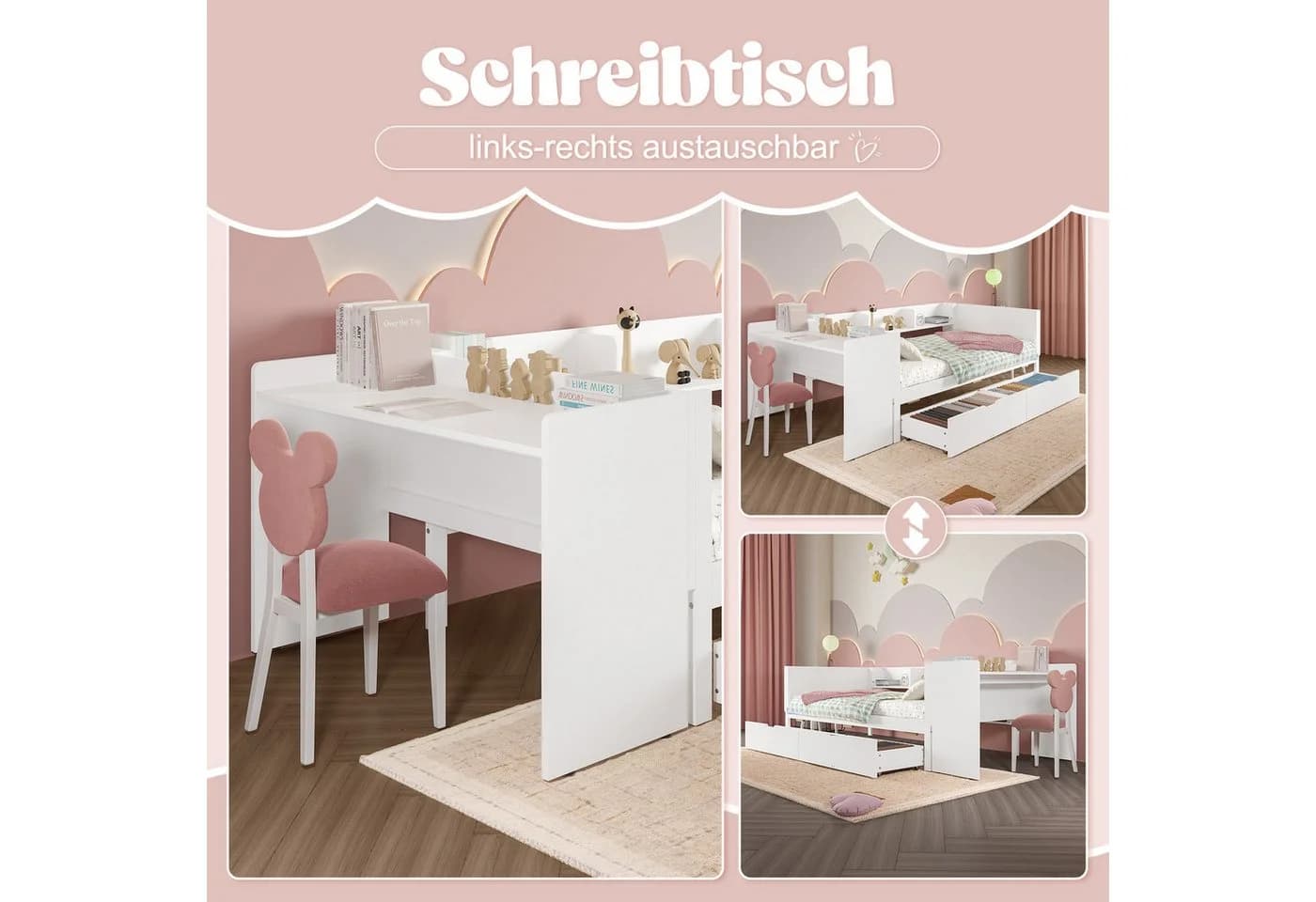 OKWISH Kinderbett mit Schreibtisch und Stauraum Weiß - Bild 3