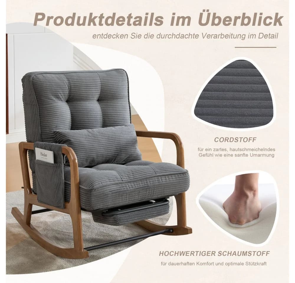BBWL Schaukelstuhl mit Fußstütze & Lendenkissen, Cord, 150kg - Bild 4