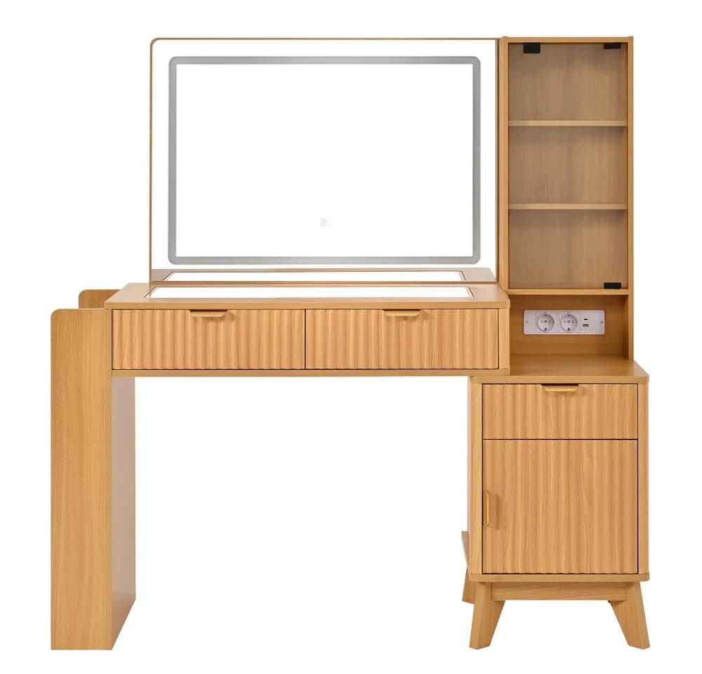 BBWL Schminktisch mit LED-Spiegel & Ladestation, 3 Schubladen, Glasablagen, MDF
