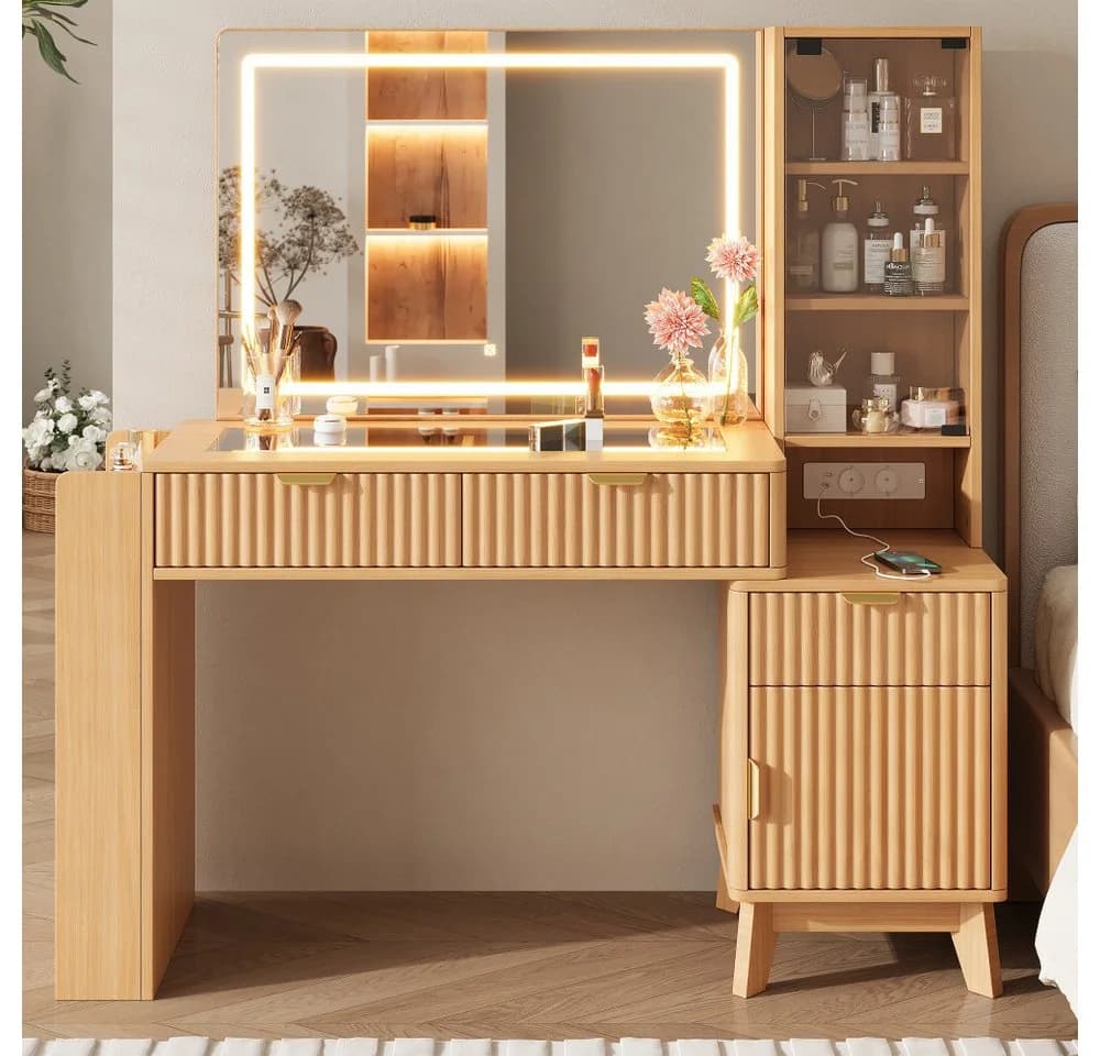 BBWL Schminktisch mit LED-Spiegel & Ladestation, 3 Schubladen, Glasablagen, MDF - Bild 2