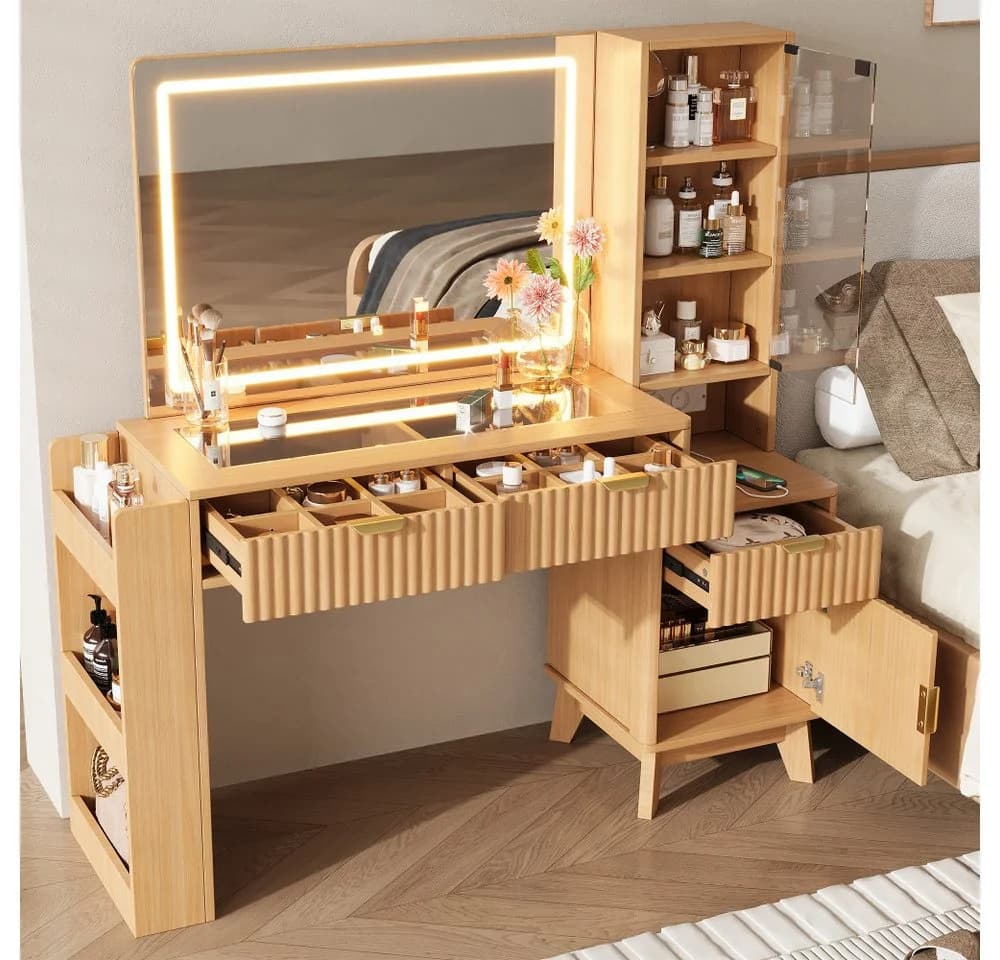 BBWL Schminktisch mit LED-Spiegel & Ladestation, 3 Schubladen, Glasablagen, MDF - Bild 4