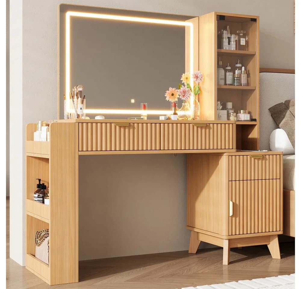 BBWL Schminktisch mit LED-Spiegel & Ladestation, 3 Schubladen, Glasablagen, MDF - Bild 5