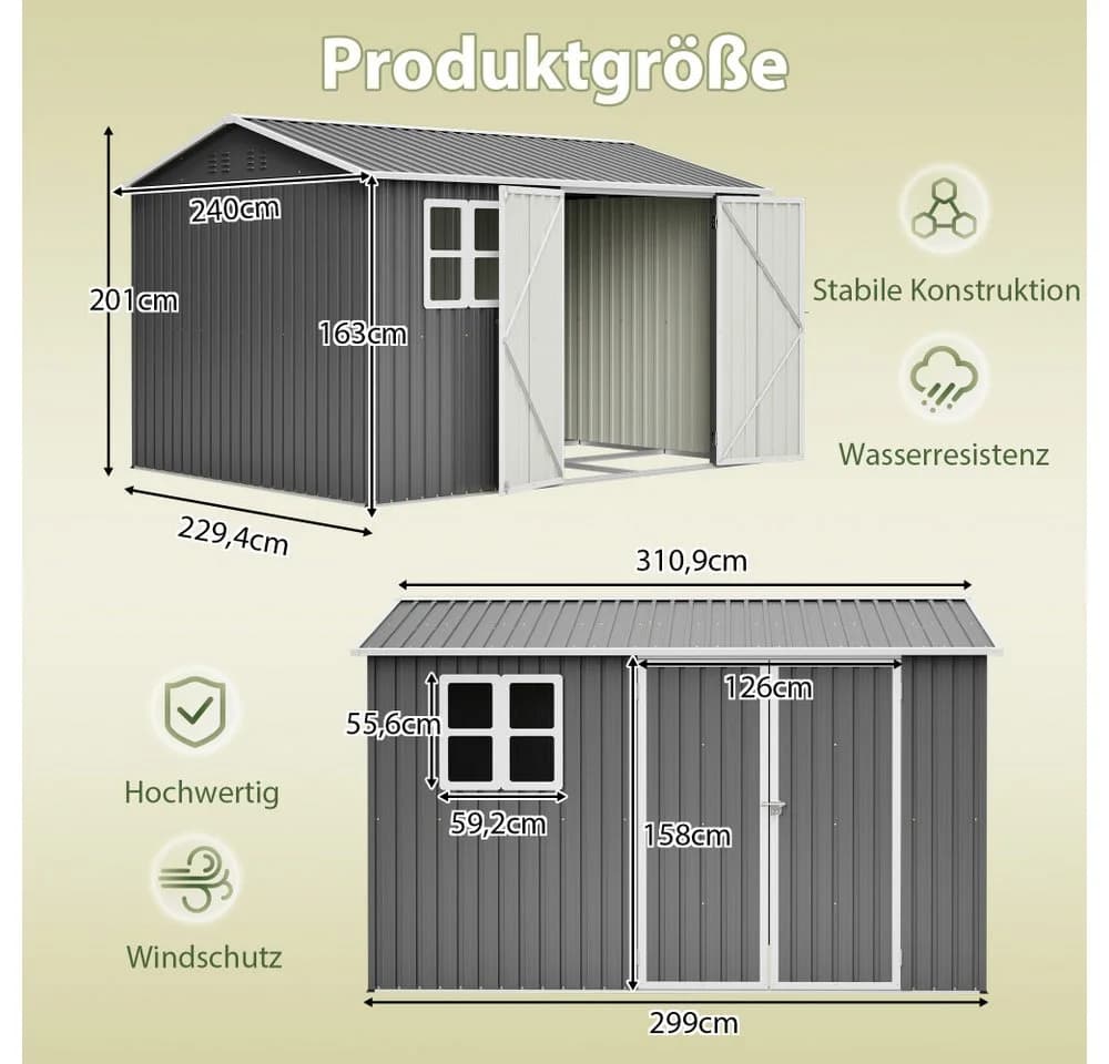 BBWL Metall-Gartenschuppen 311x240 cm grau mit Schloss, Lüftung & UV-Schutz - Bild 3
