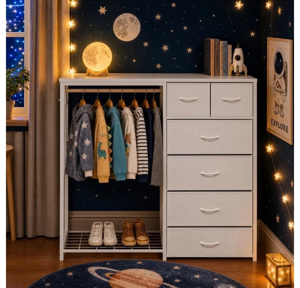 BBWL Kinderkleiderschrank Weiß mit 6 Schubladen, Kleiderstange & Steckdose - Bild 2