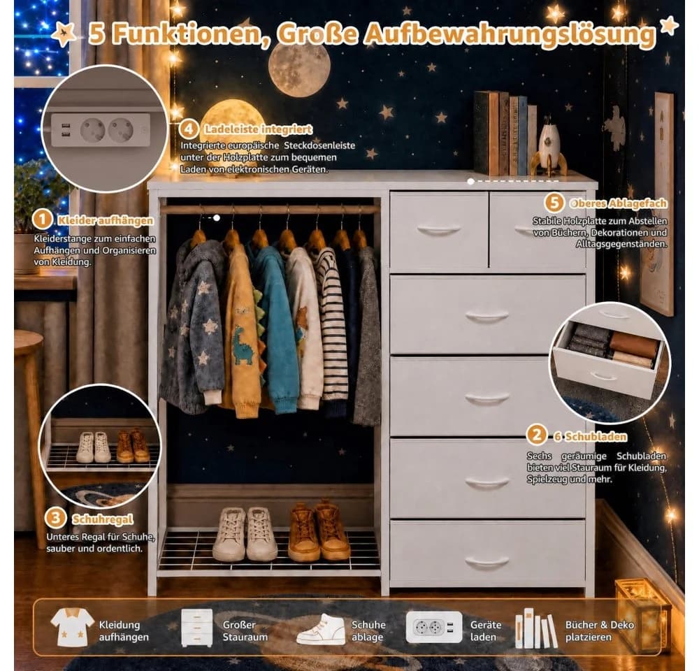 BBWL Kinderkleiderschrank Weiß mit 6 Schubladen, Kleiderstange & Steckdose - Bild 4