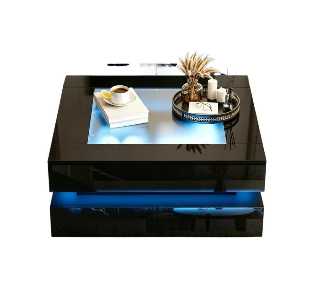 BBWL Couchtisch mit LED-Beleuchtung und 3 Schubladen Schwarz Glas
