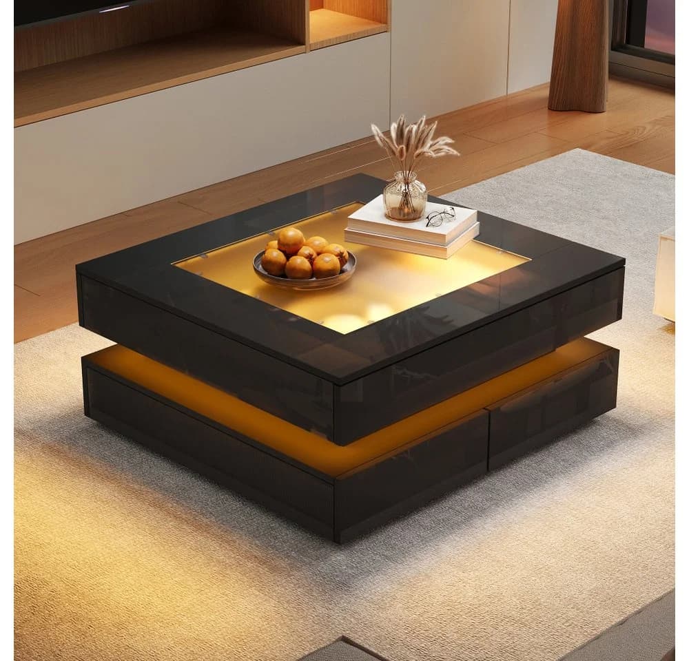 BBWL Couchtisch mit LED-Beleuchtung und 3 Schubladen Schwarz Glas - Bild 4