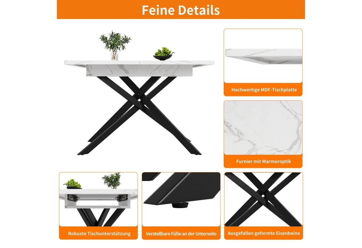 OKWISH Ausziehbarer Esstisch 120-160 cm Marmoroptik Schwarz - Bild 5
