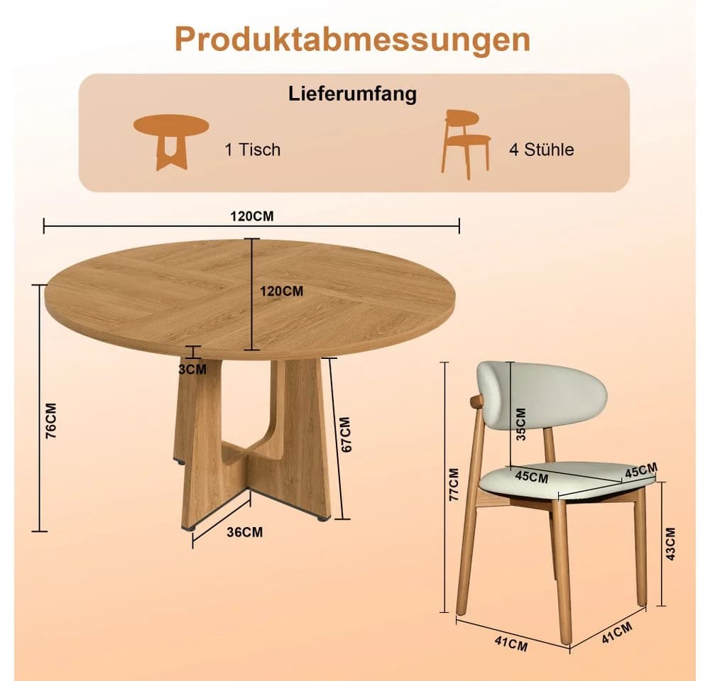 BBWL Esstisch Set 120cm Rund mit 4 Stühlen MDF Eiche Walnuss Modern - Bild 5