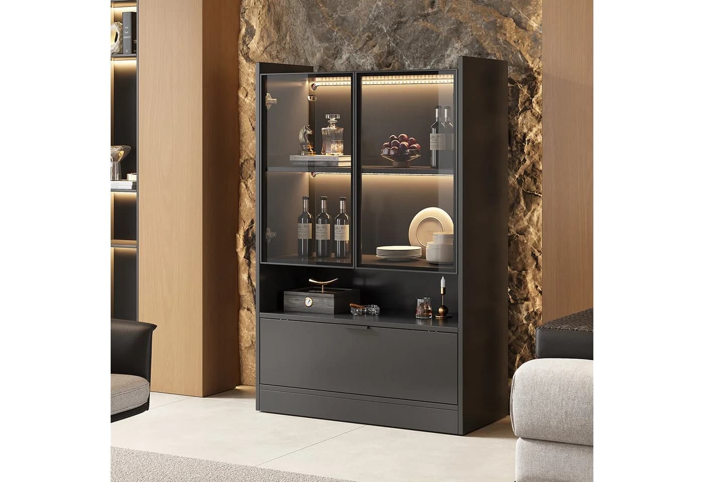 MODFU Vitrine mit LED-Beleuchtung 16 Farben Schwarz Glas - Bild 3
