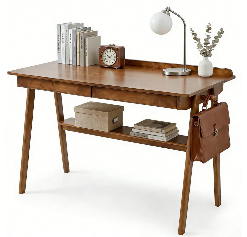 BBWL Schreibtisch 128x68 cm Mid-Century Walnuss Massivholz 2 Schubladen