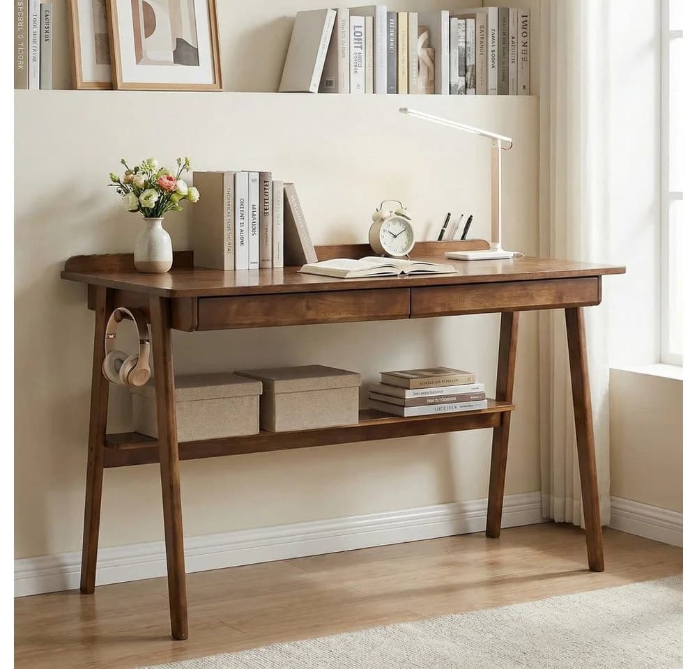 BBWL Schreibtisch 128x68 cm Mid-Century Walnuss Massivholz 2 Schubladen - Bild 2