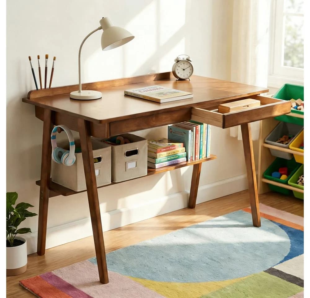 BBWL Schreibtisch 128x68 cm Mid-Century Walnuss Massivholz 2 Schubladen - Bild 3
